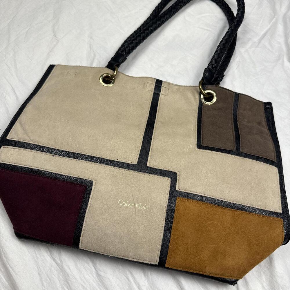 Tan brown geometric print leather tote bag work university class bag - Picture 4 of 8
